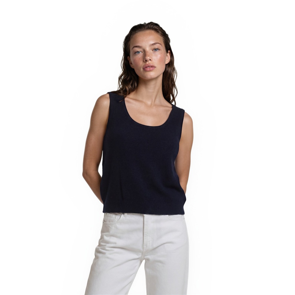 St John Basics Knit Top Women's Size‎ Large Navy Blue Scoop Neck Shirt